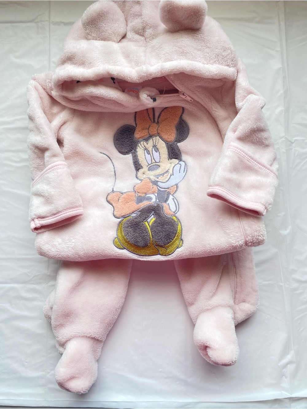 Disney Baby Minnie Mouse Fuzzy Fleece Hooded Pram Suit Bunting Footie Pink 6-9M